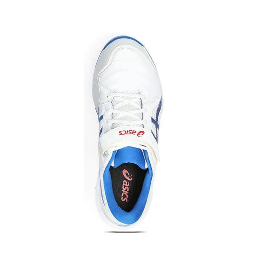 White and blue sneaker with red Asics logo on a white background