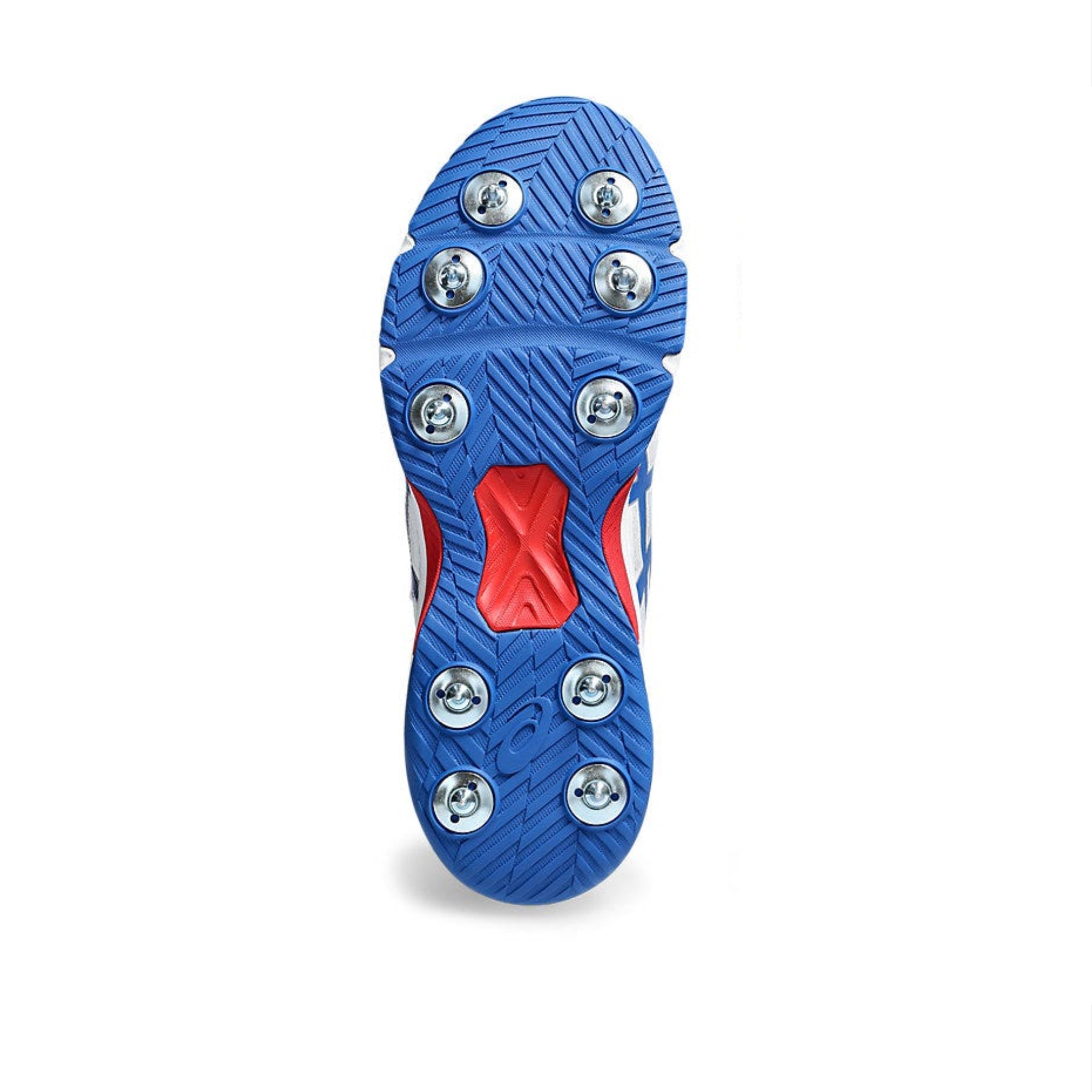 Blue cleat with metal studs on a white background