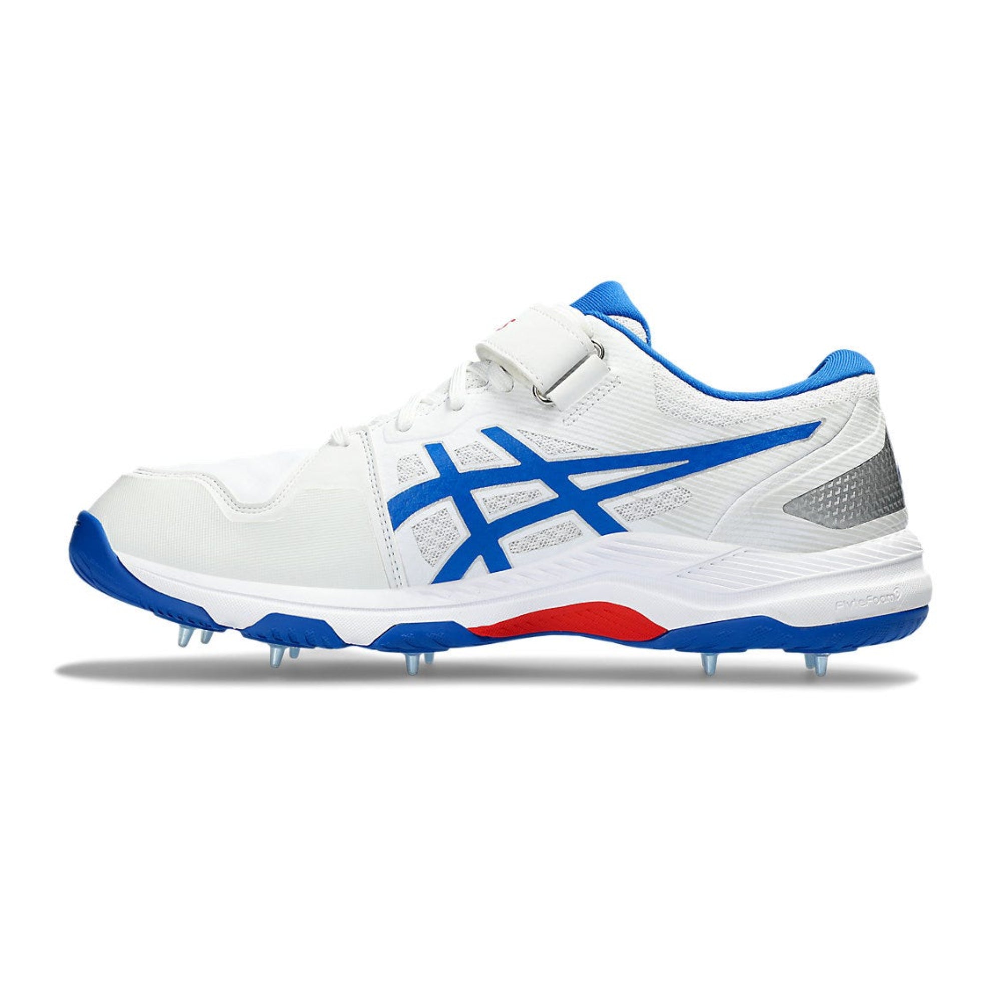 White and blue sports shoe with red accents on a white background