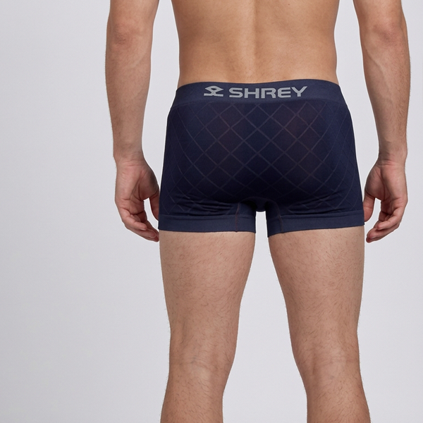 Front view of Shrey navy boxer trunks for men with diamond pattern and stitched front panel