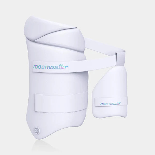 Moonwalkr white cricket batting leg pad and thigh guard combo set with adjustable straps