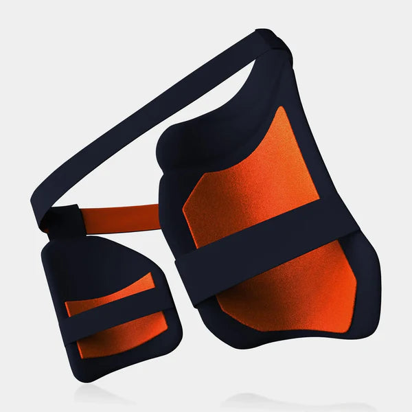 Black and orange fanny pack on a light gray background