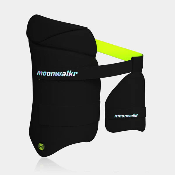 Black waist bag with neon green strap and 'moonwalkr' branding on a light gray background