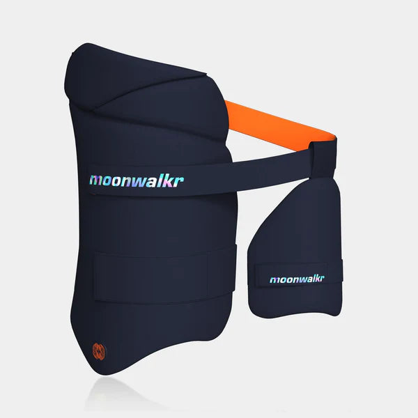 Navy blue waist bag with orange strap and 'moonwalkr' branding on a light gray background