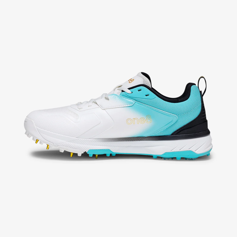 Pair of white, teal and gold metal spike cricket shoes for men, buy online in Pakistan